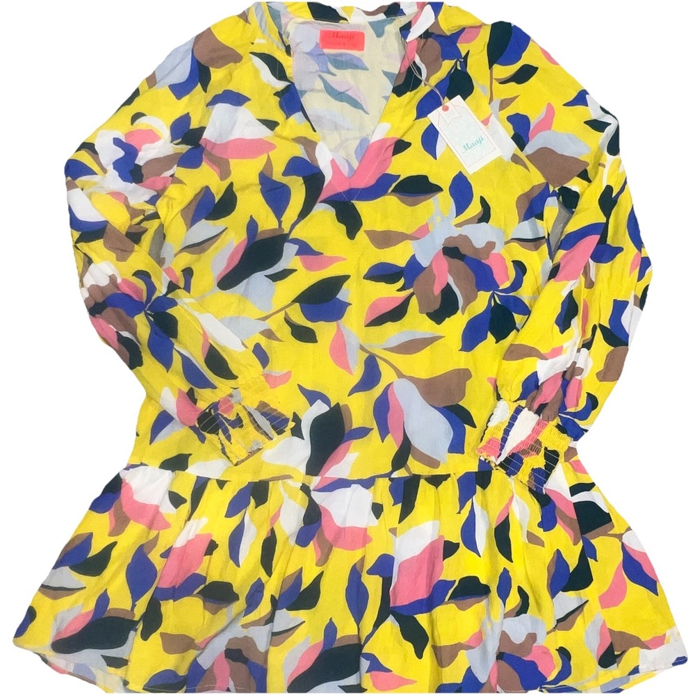 NWT Maaji Womens Small Mini Dress Yellow Floral Long Sleeve V-Neck Ruffle Hem OP